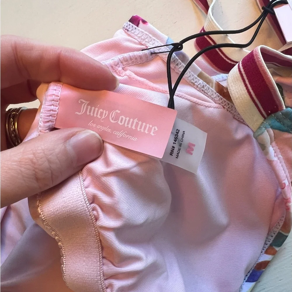 Juicy Couture Floral‎ One Piece Swimsuit Pink Watercolor Tie Shoulder Medium NWT